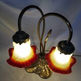 Brass water lily lamp and glass paste tulip, double, art nouveau style.