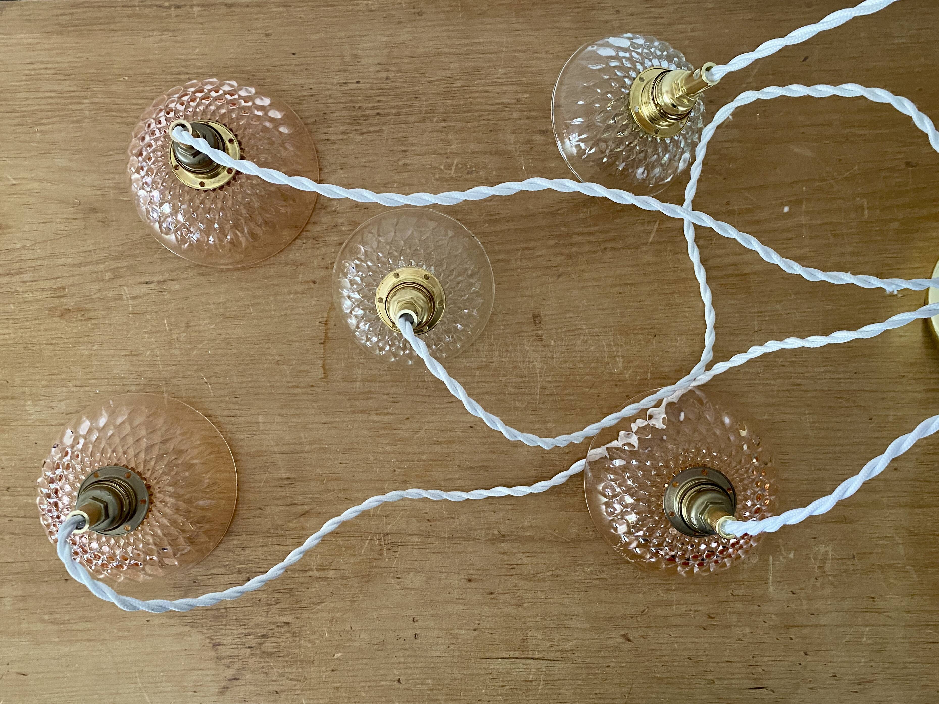 5-light waterfall pendant light with vintage pink and transparent glass shades