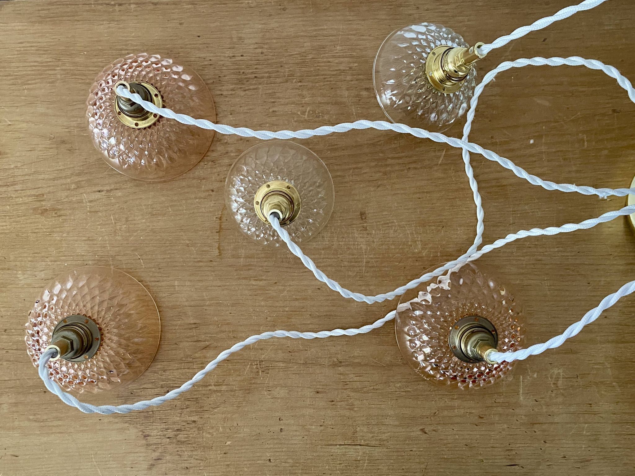 5-light waterfall pendant light with vintage pink and transparent glass shades