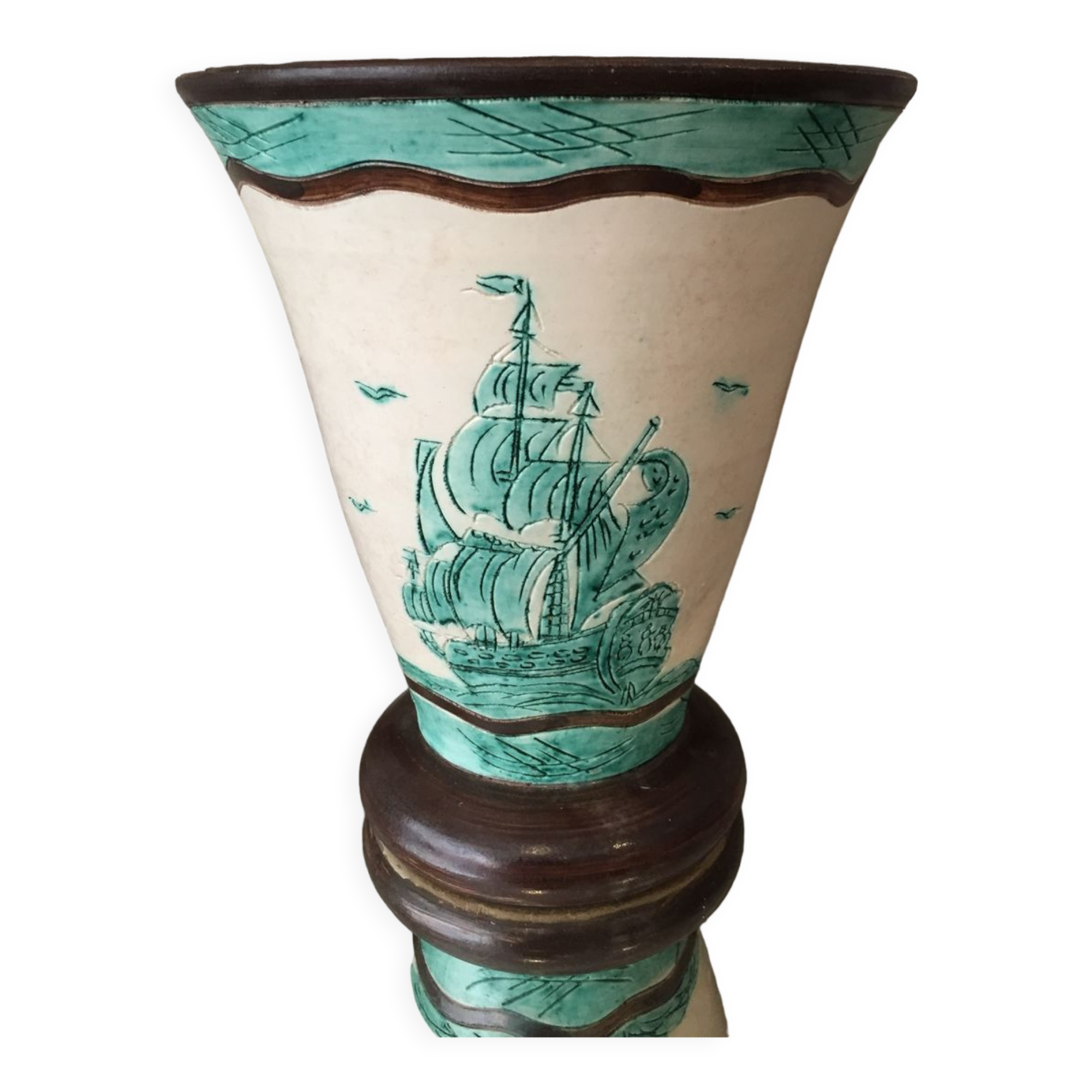 Ceramic vase jerome massier vallauris decor ship