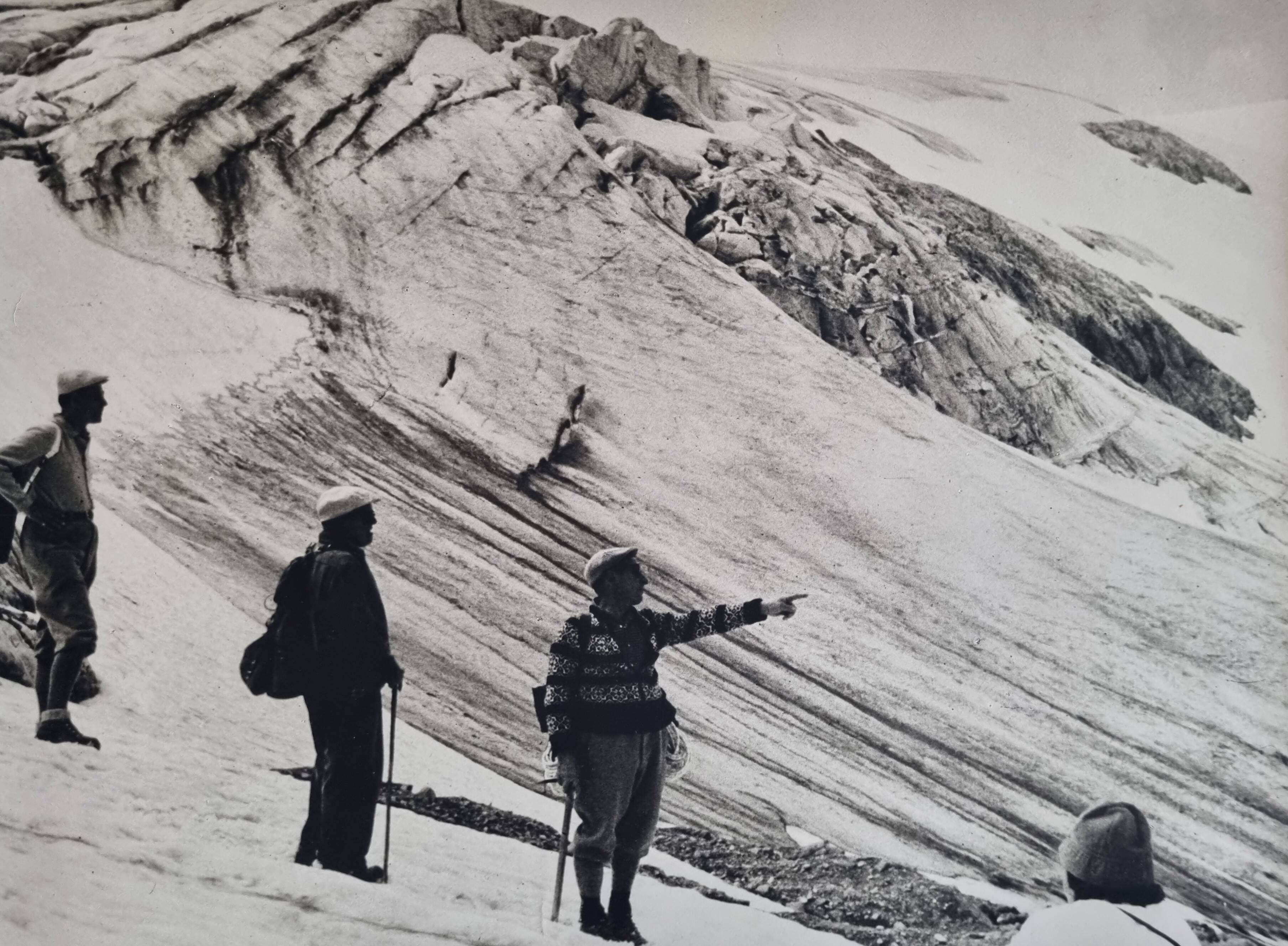 Vintage silver print of an alpine glacier and mountaineers, framed, 53x43 cm