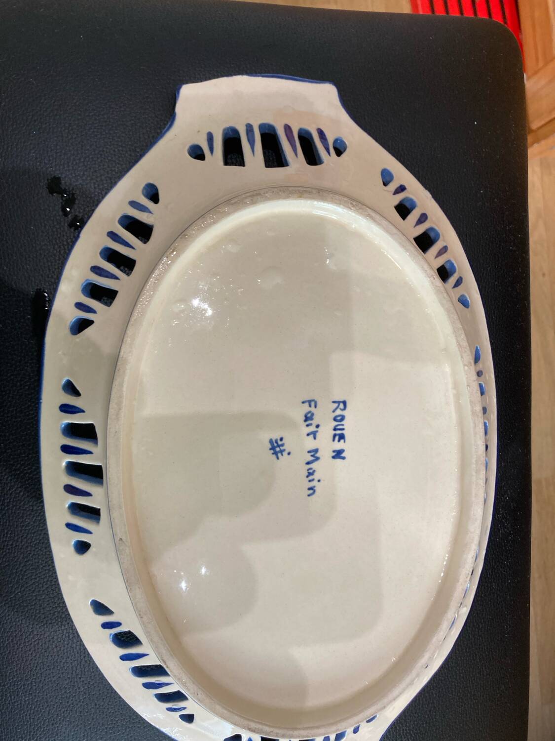 openwork fruit or bread basket in Rouen earthenware, early 20th century