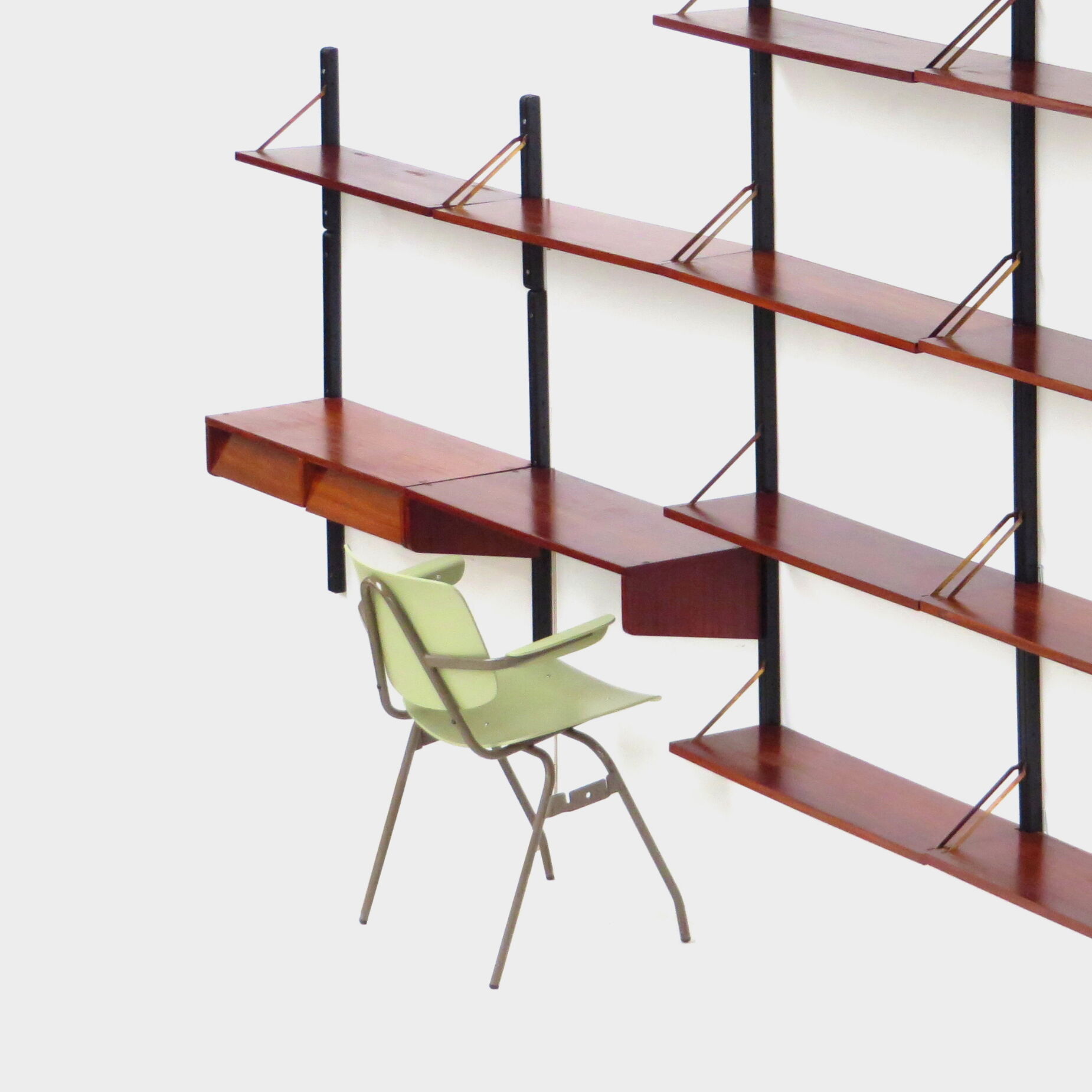 Mid century bookcase wall unit shelving system in teak with writing desk workstation, 1960s