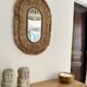 Handcrafted oval mirror in raffia and shells