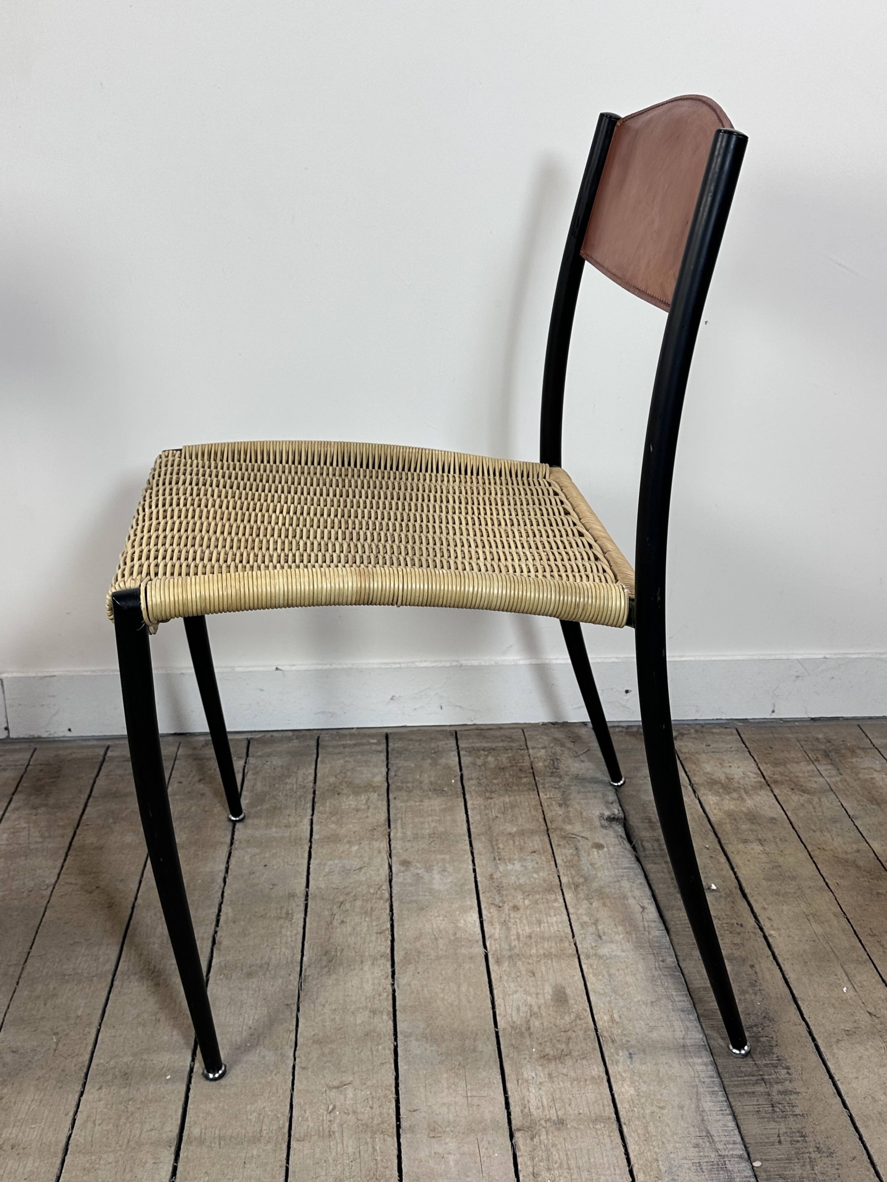 Chairs (set of 2) in metal, leather and straw 1960's