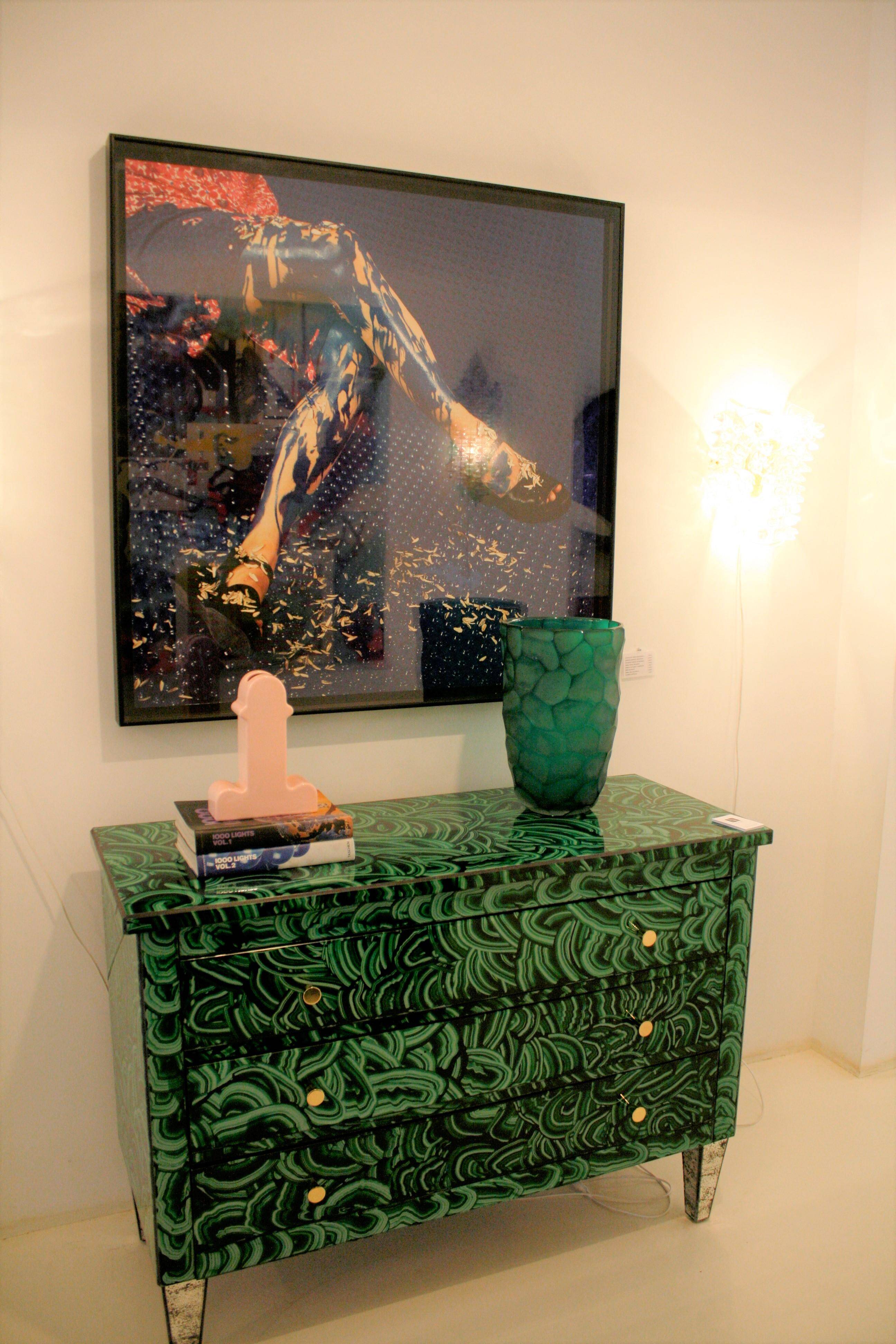 Mid-Century Modern Style Green-Malachite Colored Glass Italian Chest of Drawers