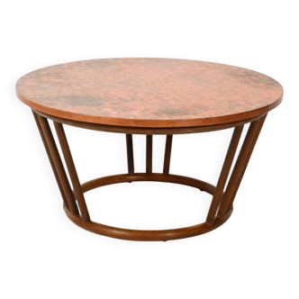 Scandinavian round bamboo and copper coffee table