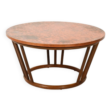 Scandinavian round bamboo and copper coffee table
