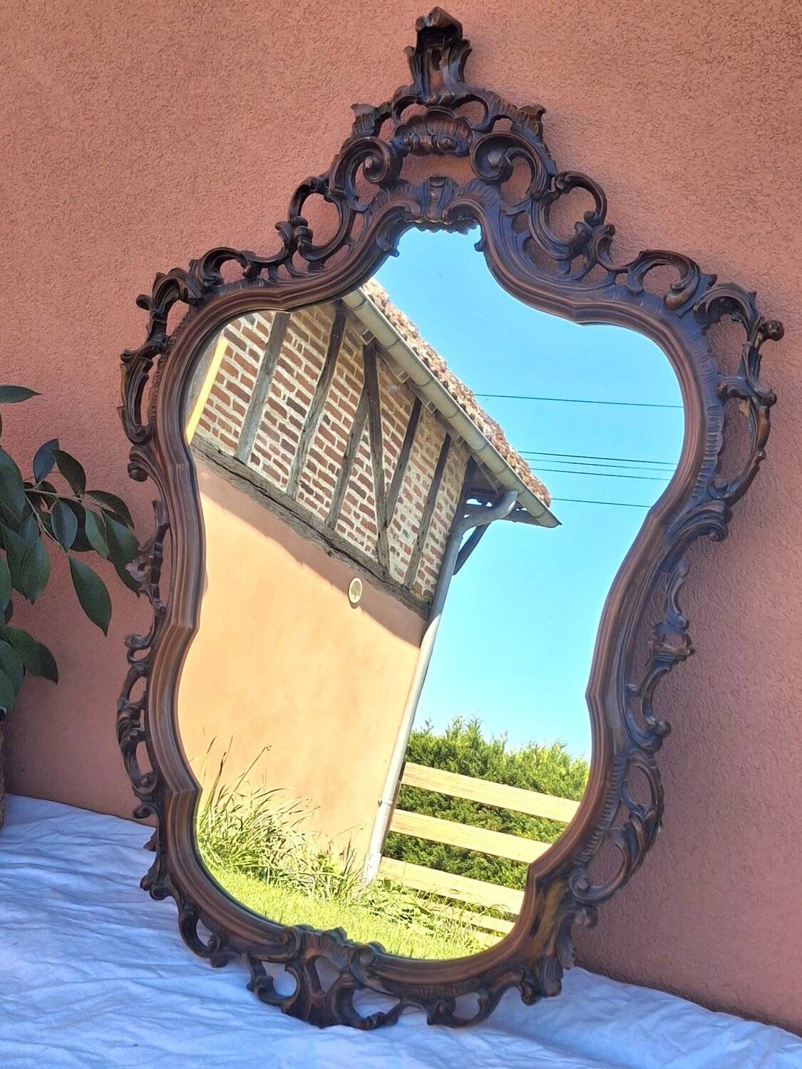 Large Louis XV wall mirror, carved wood, rocaille – 19th century