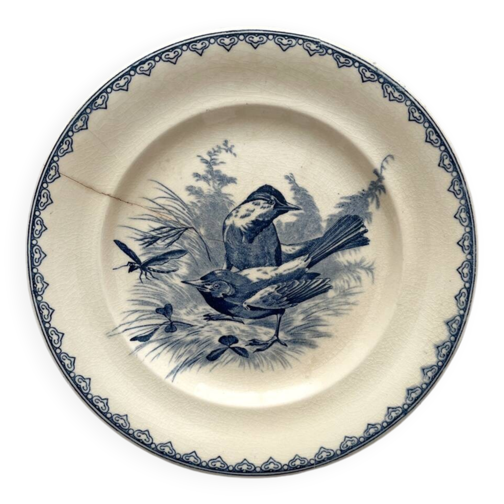 Assiette Ancienne Grigny Terre De Feu – Décor Oiseaux Et Bateaux, Ref 4