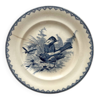 Assiette plate ancienne terre de fer décor oiseaux libellule Clairefontaine