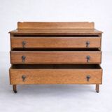Antique English oak commode with a backrest, 3 drawers.