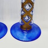 Paire De Bougeoirs Photophores Verre Bleu Soufflé En Cage Dlg Felipe Derflingher