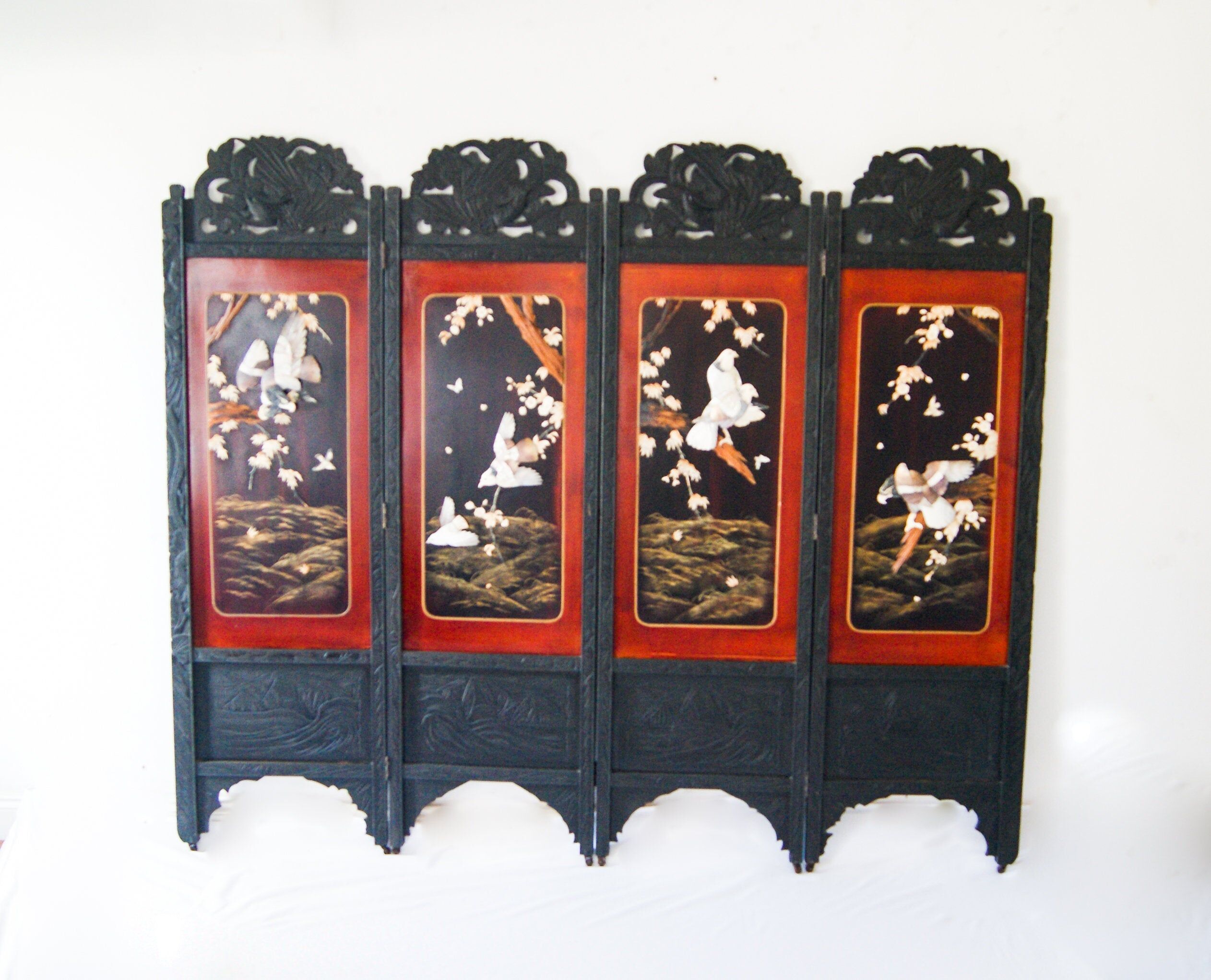 Early 20th century 4 panel room divider folding screen with 3d birds