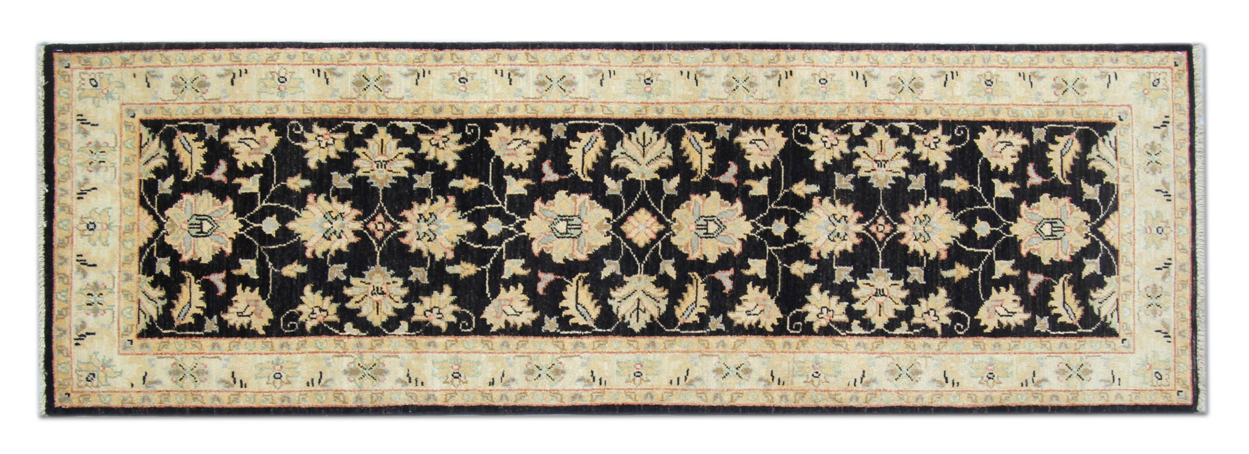 Black Wool Runner Rug, Handmade Floral Ziegler Hallway Runner 211 x 66 cm