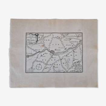 Gravure sur cuivre XVIIème siècle  "Carte du gouvernement de Menin"  Par Pontault de Beaulieu