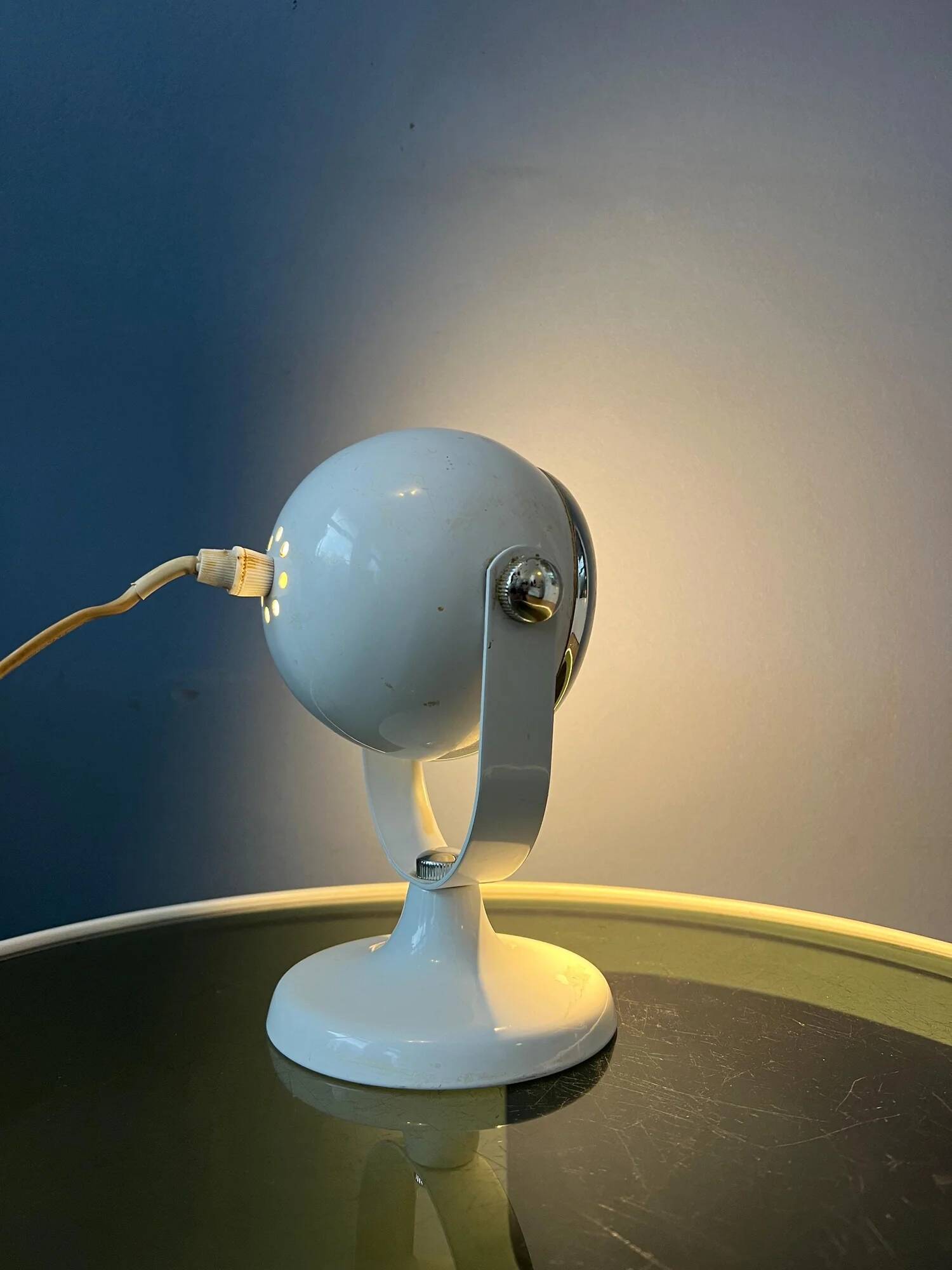 Mid-century small white space age eyeball table lamp
