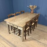 French farmhouse dining table with pine top and oak base