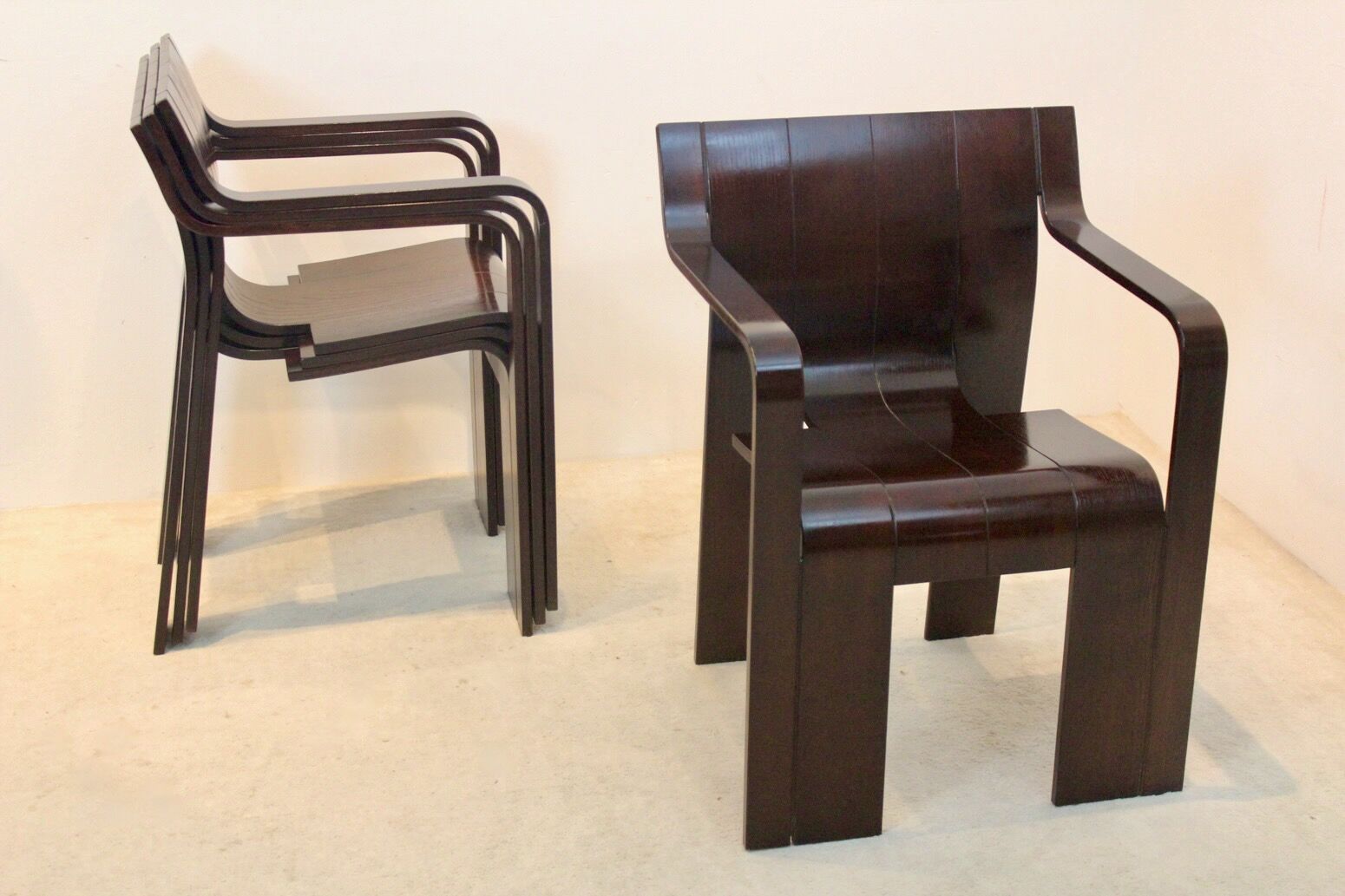 Set of four Strip dining chairs with dark brown ash armrests by Gijs Bakker for Castelijn