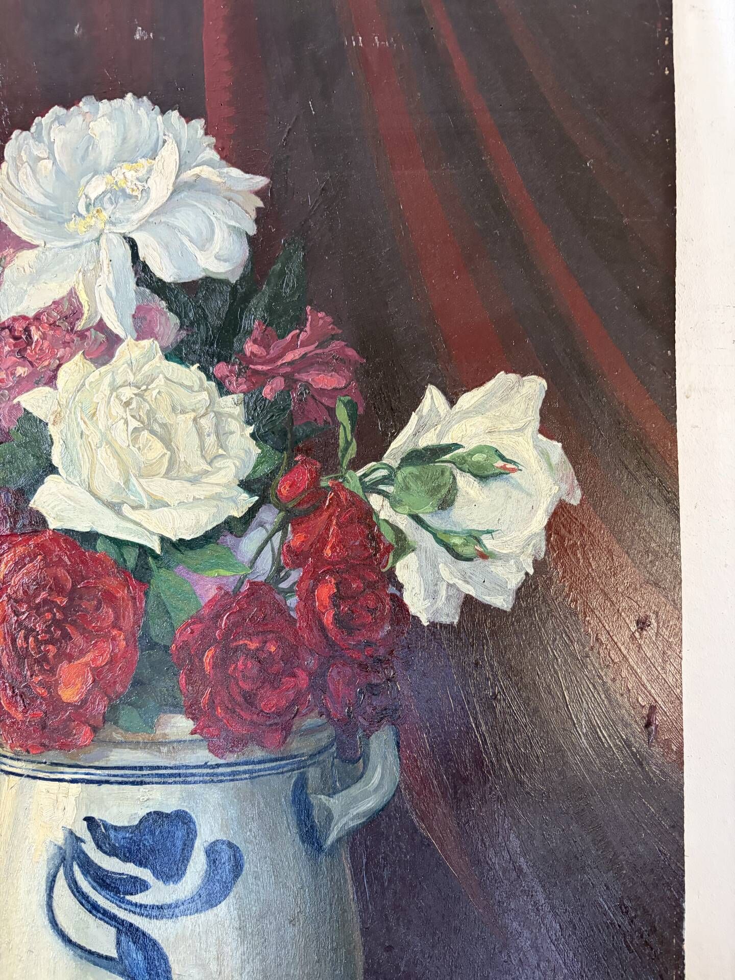 Bouquet of roses, burgundy background, oil on panel 1951