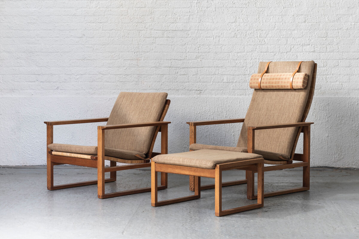 Set of 2 lounge chairs and one footrest by Borge Mogensen for Fredericia Denmark 1960’s