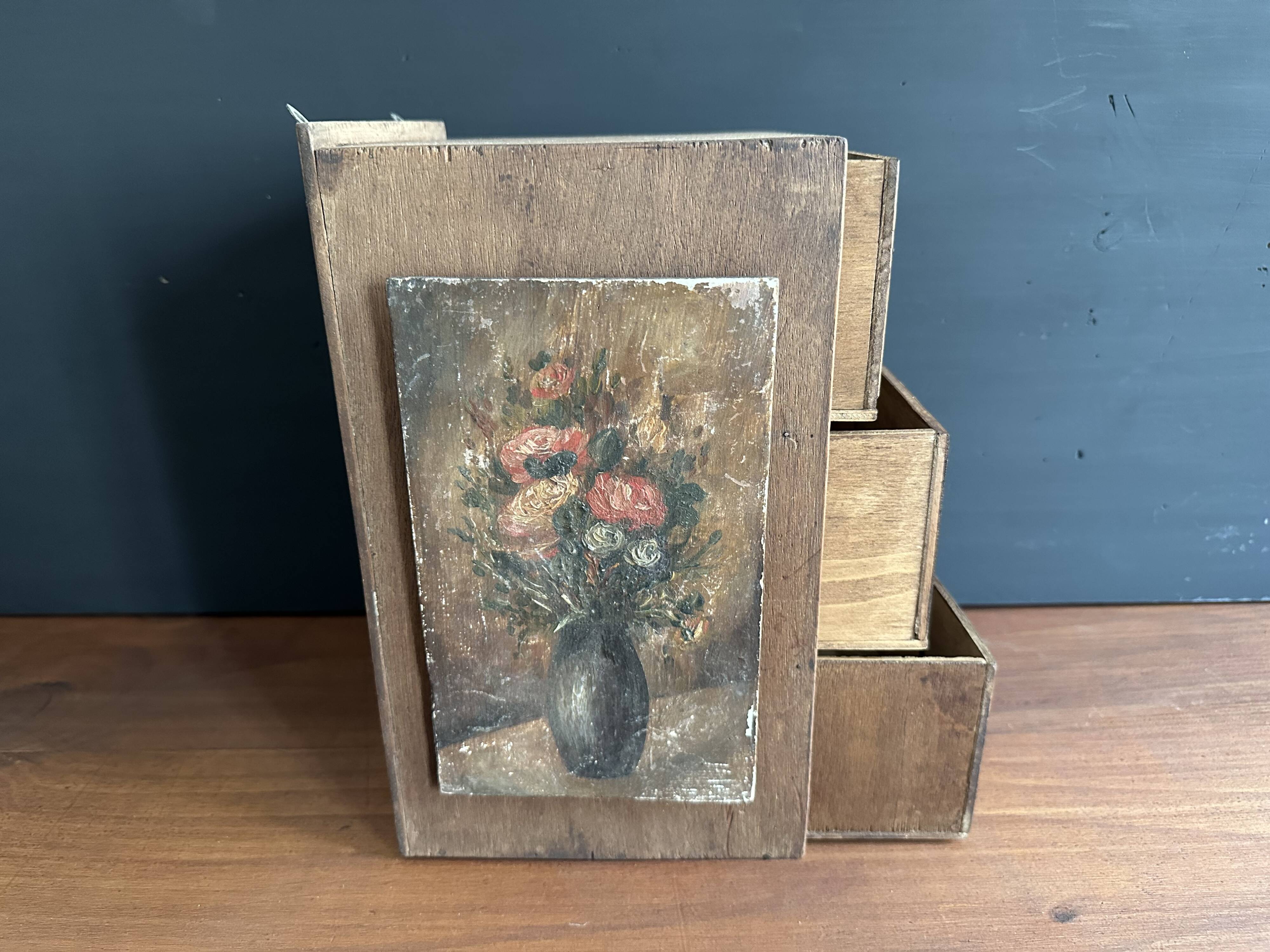 Small antique wooden drawer unit with floral painting, 1900.
