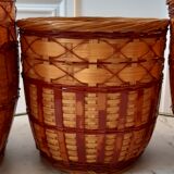 Trio of rattan and vintage bamboo pot covers 70s