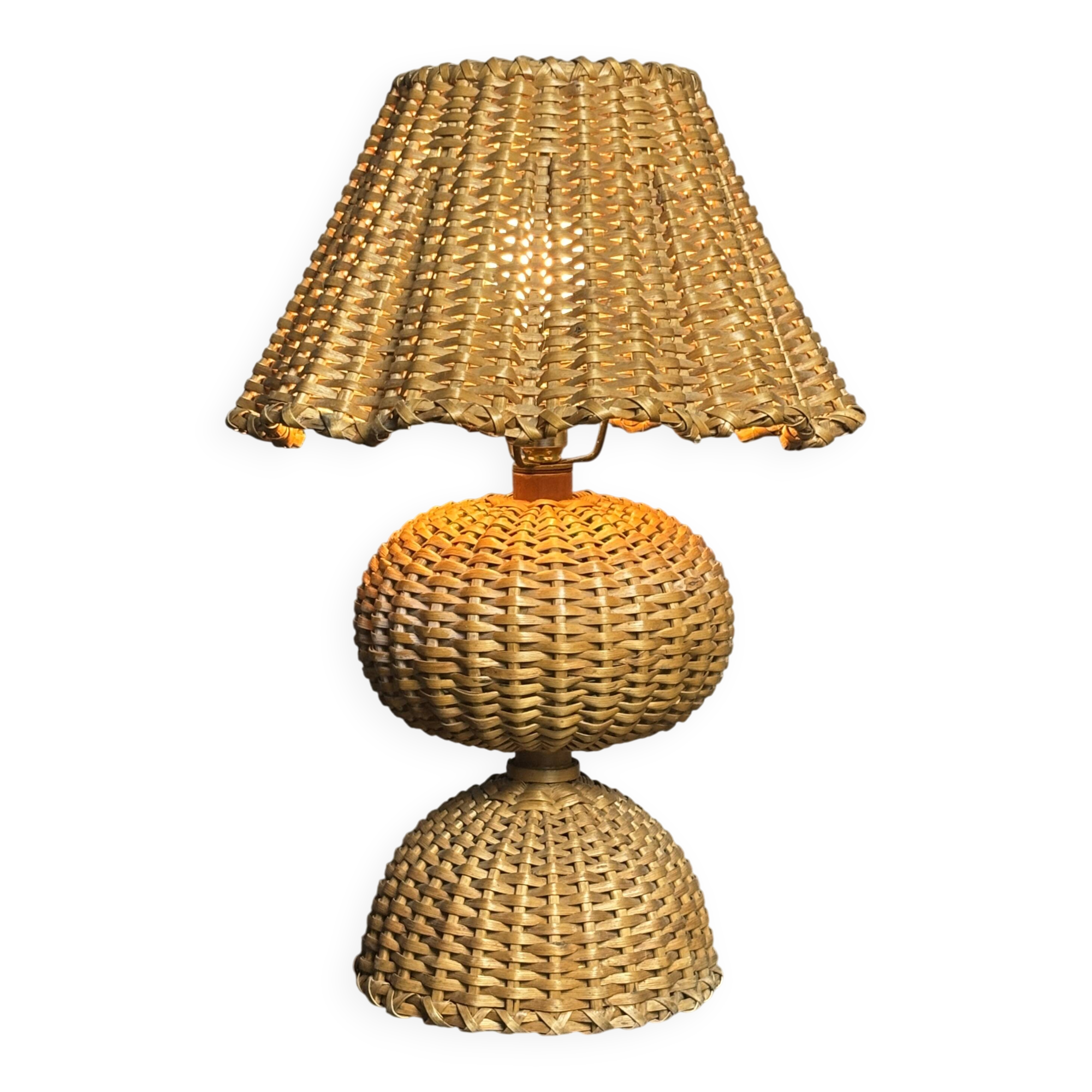 Midcentury rattan wicker mushroom table lamp, 1950s