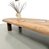 XXL oval coffee table in solid oak, cylindrical base, 1950s.