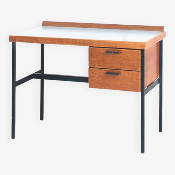 Desk with two drawers in oak, iron and formica - france, 1960