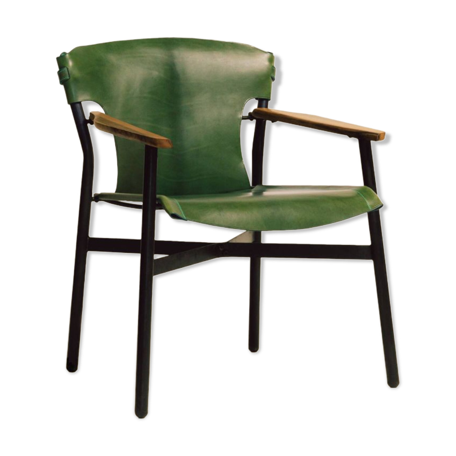 Maërl armchair, Galathée model, green leather, solid wood armrests of your choice