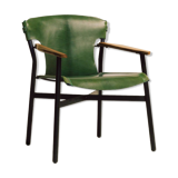 Maërl armchair, Galathée model, green leather, solid wood armrests of your choice