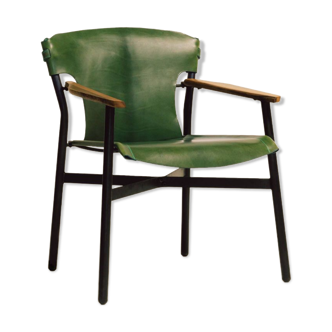 Maërl armchair, Galathée model, green leather, solid wood armrests of your choice