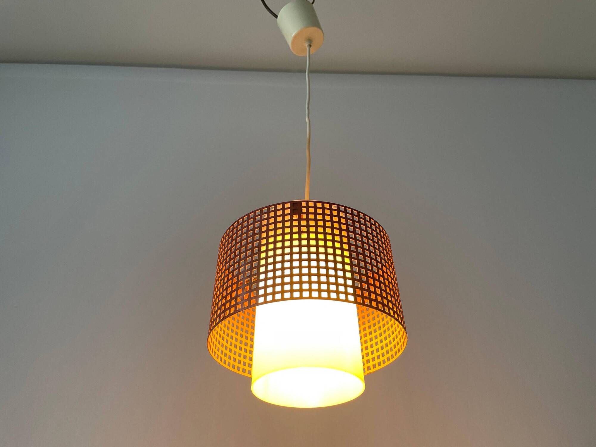 Suspended lamp in pink metal and plexiglass, Danish design, 1960s, Denmark.