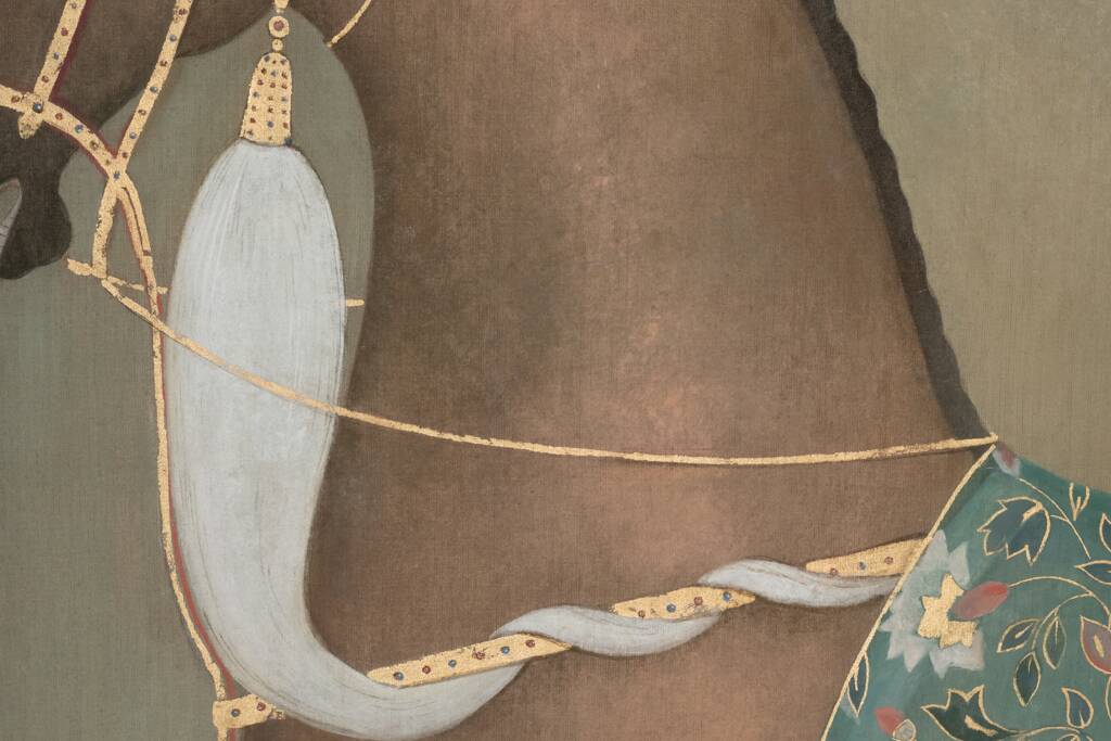 Painted canvas depicting a side view of an Indian horse. Contemporary work.