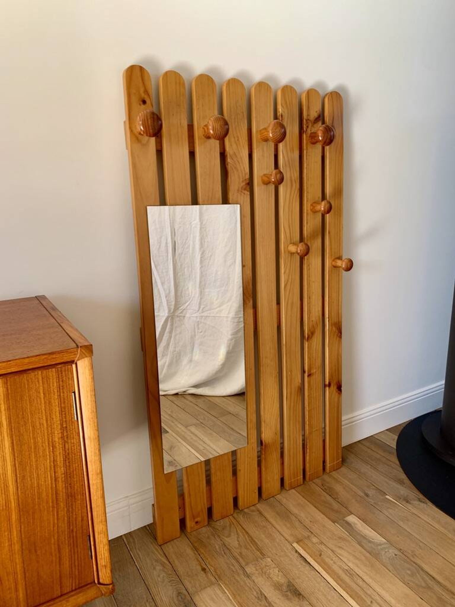 cloakroom coat rack mirror in blond pine 70s-80s