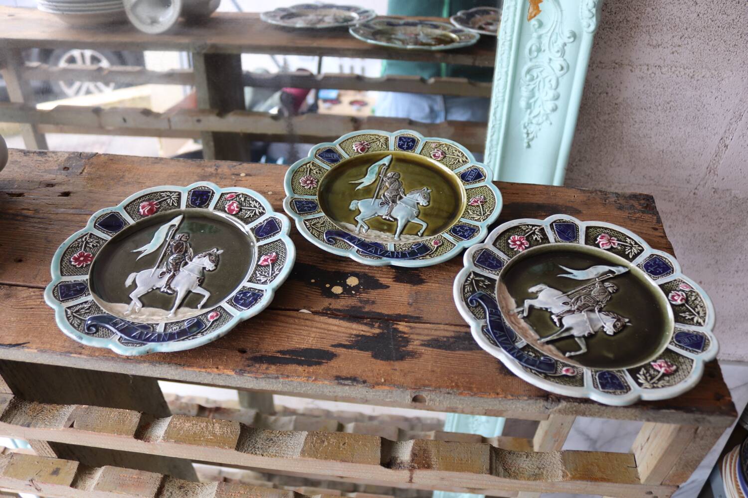 3 antique barbotine plates featuring Joan of Arc "En Avant"