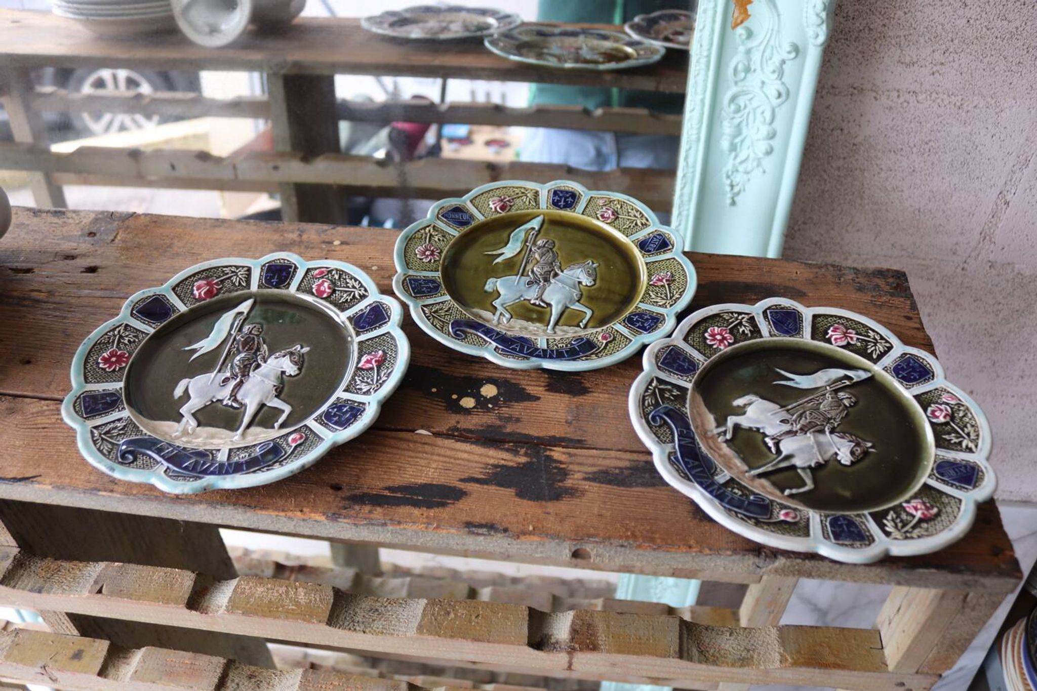 3 antique barbotine plates featuring Joan of Arc "En Avant"