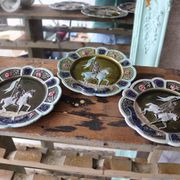 3 antique barbotine plates featuring Joan of Arc "En Avant"
