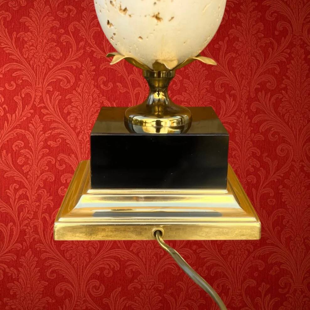 Vintage ostrich egg lamp travertine brass 1970s Maison Charles style