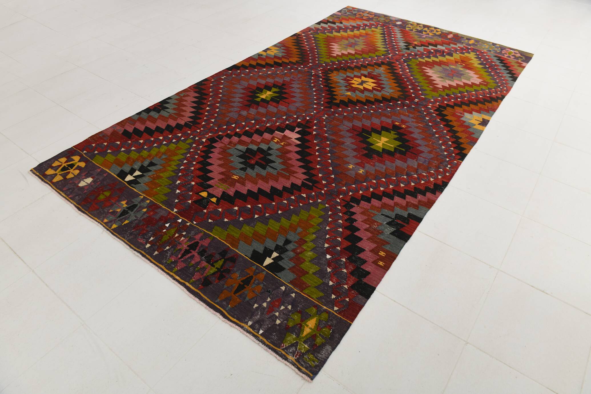 Geometric Pattern Burgundy  Turkish Vintage Kilim Rug, 188x338 Cm