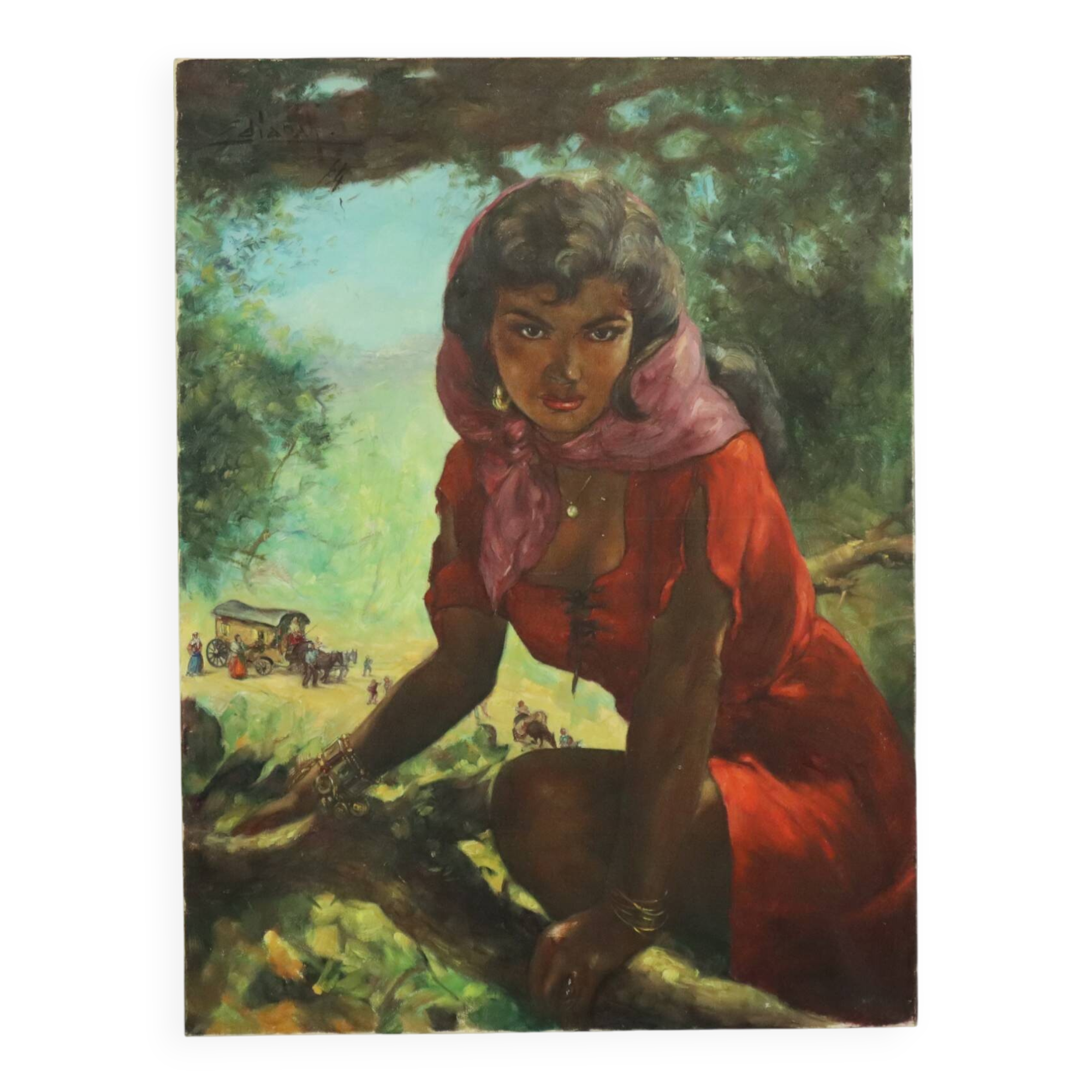 Large Painting Gypsy Young Woman Oil on Canvas 1964