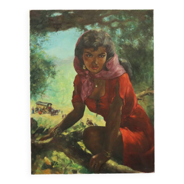 Large Painting Gypsy Young Woman Oil on Canvas 1964