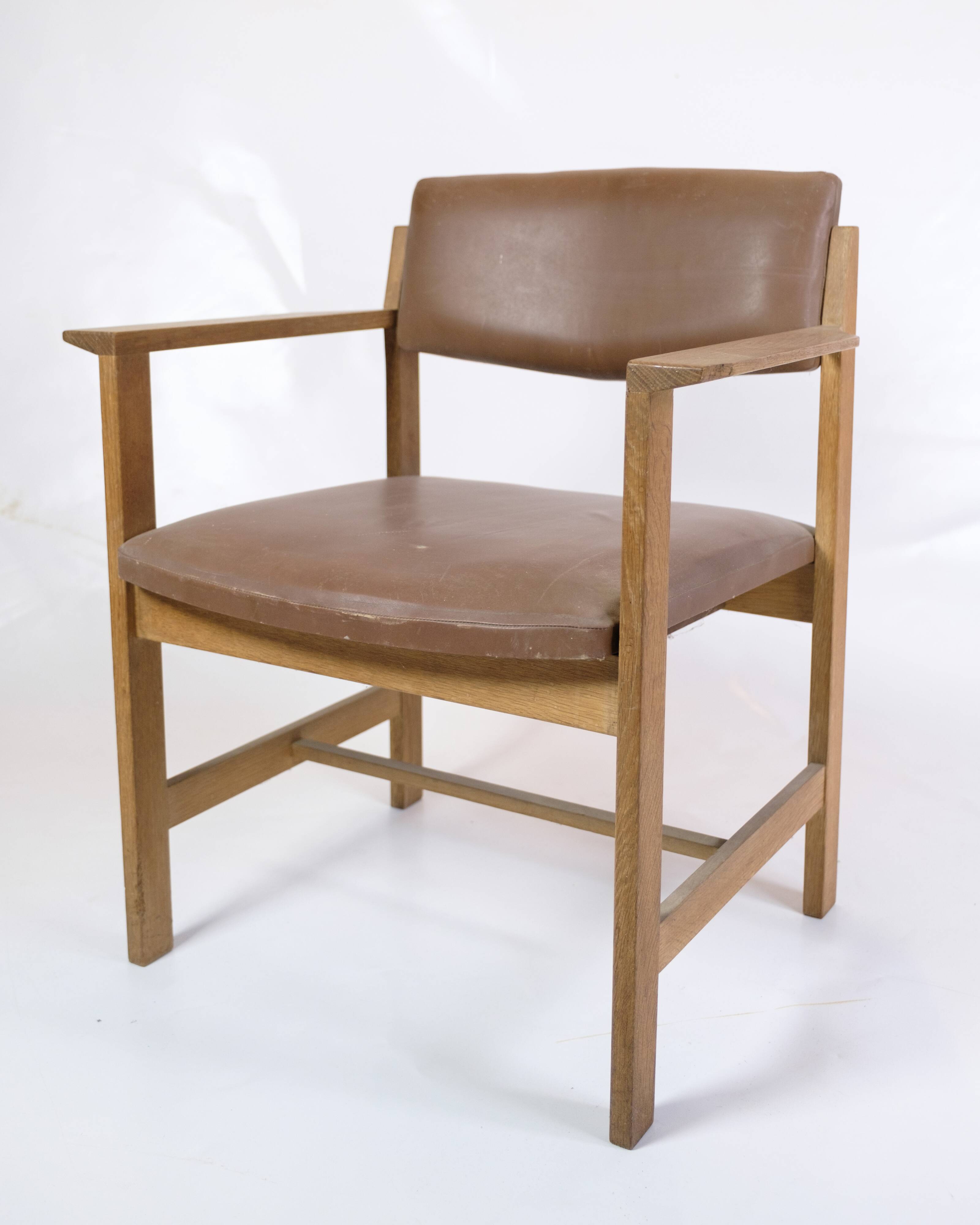 Office Chair Made In Oak & Brown Leather Seat From 1970s