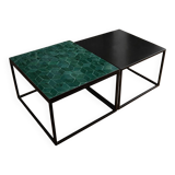 A pair of wrought iron side tables with emerald green Moroccan zellige.