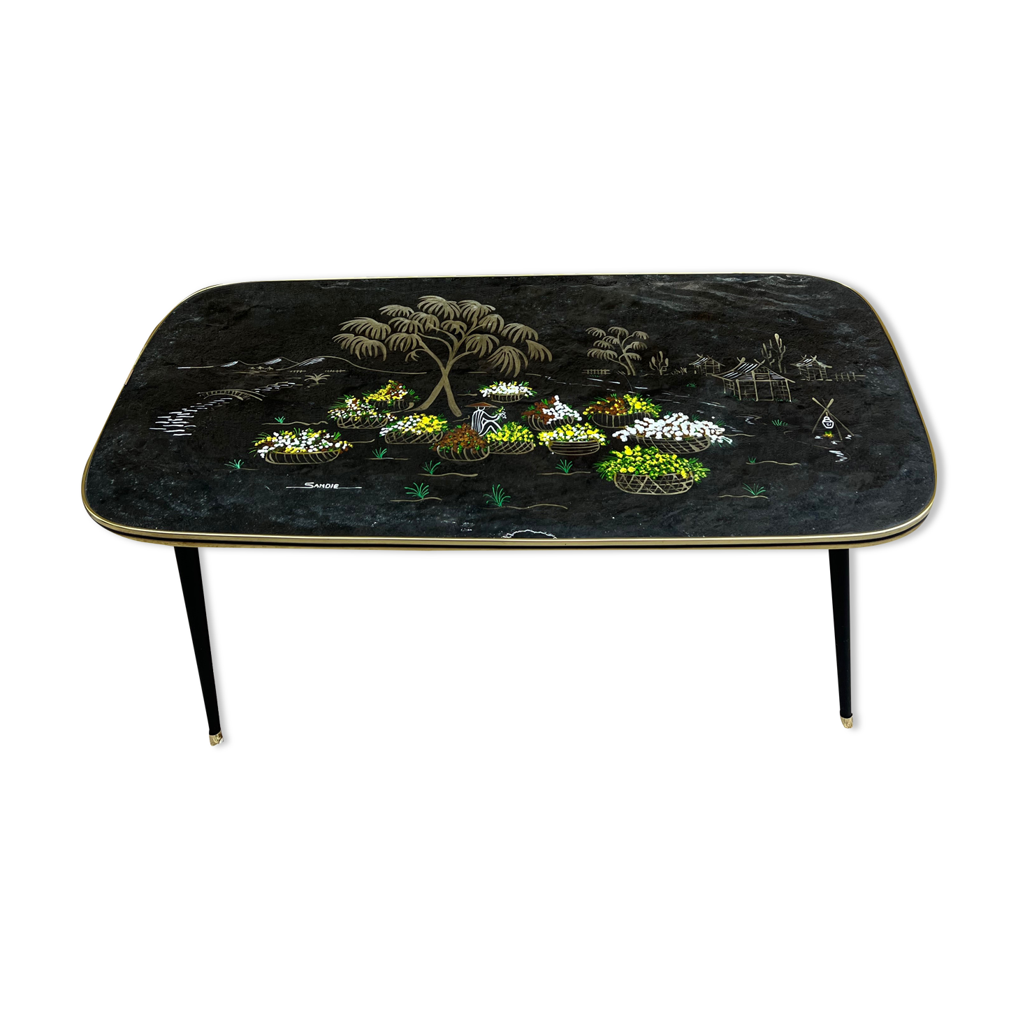 Vintage coffee table year 60 Japanese décor compass feet signed Sandie
