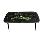 Table basse vintage année 60 décor japonisant pieds compas signé Sandie