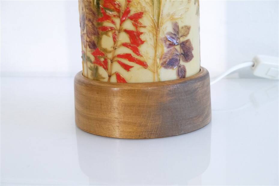 Scandinavian lamp in wood and resin with floral decor 1960