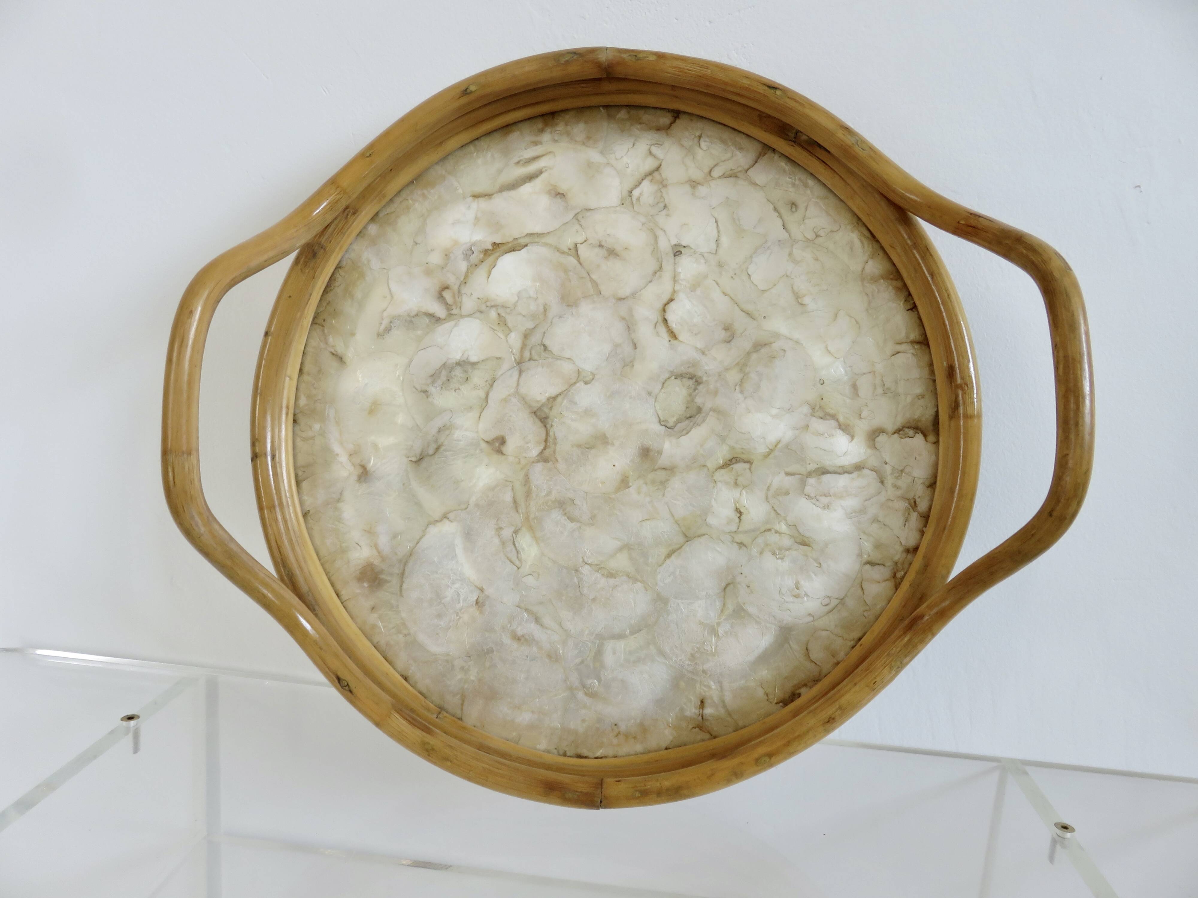 Round tray in bamboo and Capiz mother-of-pearl from the Philippines, made in Italy, 1970
