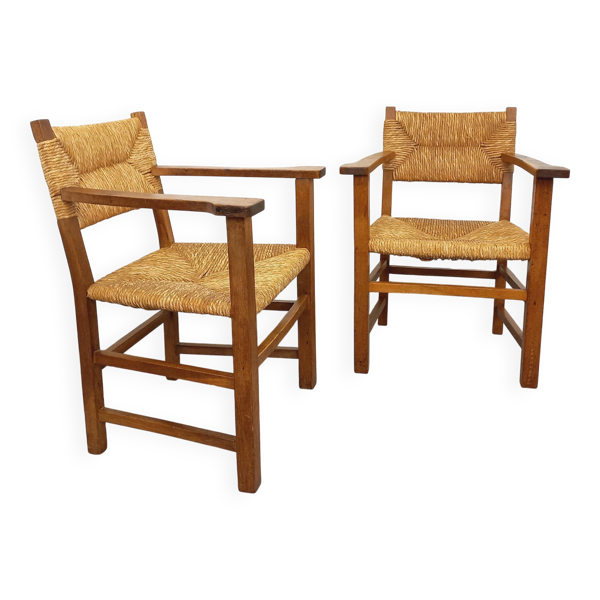 Suite de 2 fauteuils brutalistes vintage en bois de chêne et paille